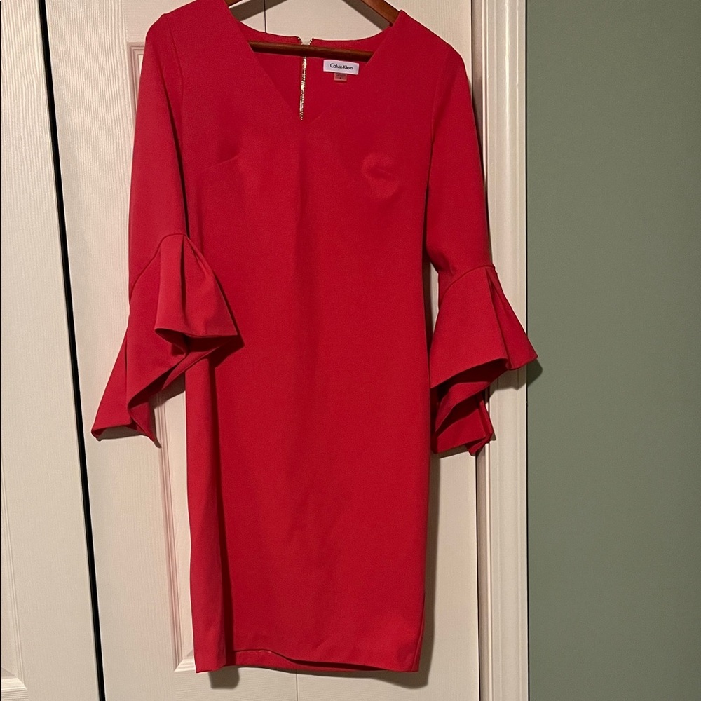 Calvin Klein Red Ruffle-Sleeve Midi Dress